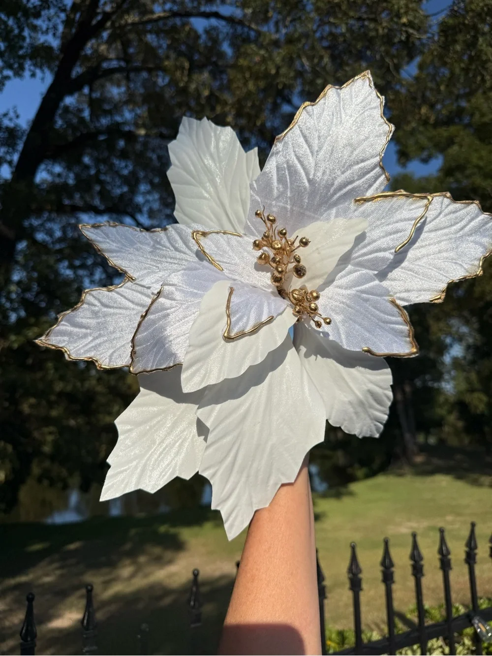 18 Large White Gold Poinsettia Floral Stems Bundle